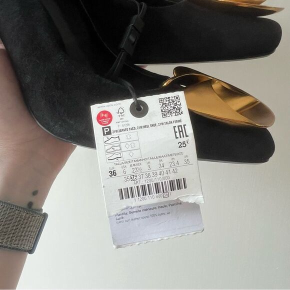 NWT Zara Gold Flower Suede Black Block Heels - Picture 13 of 13